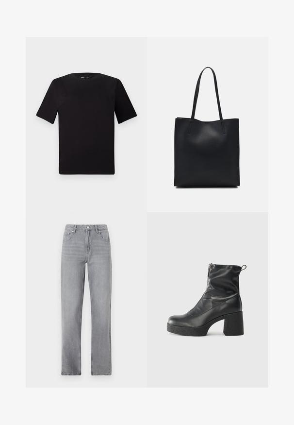 T-shirt preta de mangas curtas com decote redondo, feita de tecido de algodão suave. Design simples, sem logótipos ou padrões visíveis.; Jeans cinzentos de perna reta com bolsos frontais, fecho com botão e um corte clássico, exibidos sobre um fundo branco simples.; Botas de tornozelo pretas feitas de couro liso, com fecho lateral, salto grosso texturizado e design de bico arredondado.; Bolsa tote preta em couro com textura lisa, forma retangular e duas alças longas. Sem hardware ou enfeites visíveis.