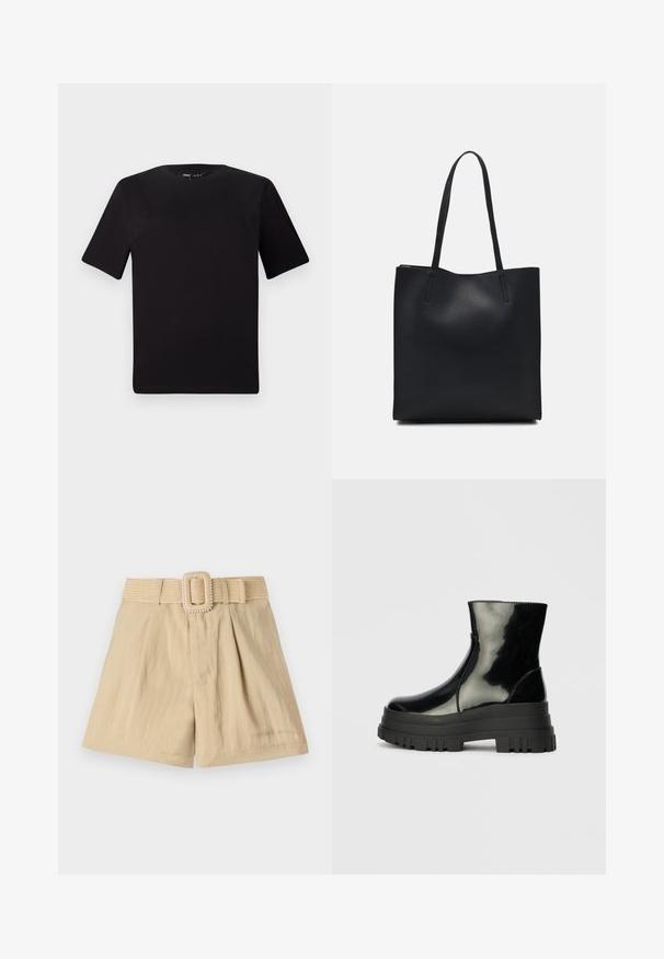 Čierne tričko s krátkym rukávom a okrúhlym výstrihom, vyrobené z mäkkej bavlny. Jednoduchý dizajn, bez viditeľných log alebo vzorov.; Beige šortky s textúrovaným tkaným opaskom so štvorcovou prackou. Šortky majú stolíky a hladký látkový povrch.; Čierne lesklé členkové čižmy s hrubou podrážkou a zaoblenou špičkou, bočný pohľad na jednoduchom svetlošedom pozadí.; Čierna kožená taška na rameno s hladkým povrchom, obdĺžnikovým tvarom a dvoma dlhými uchami. Bez viditeľného kovania alebo ozdôb.
