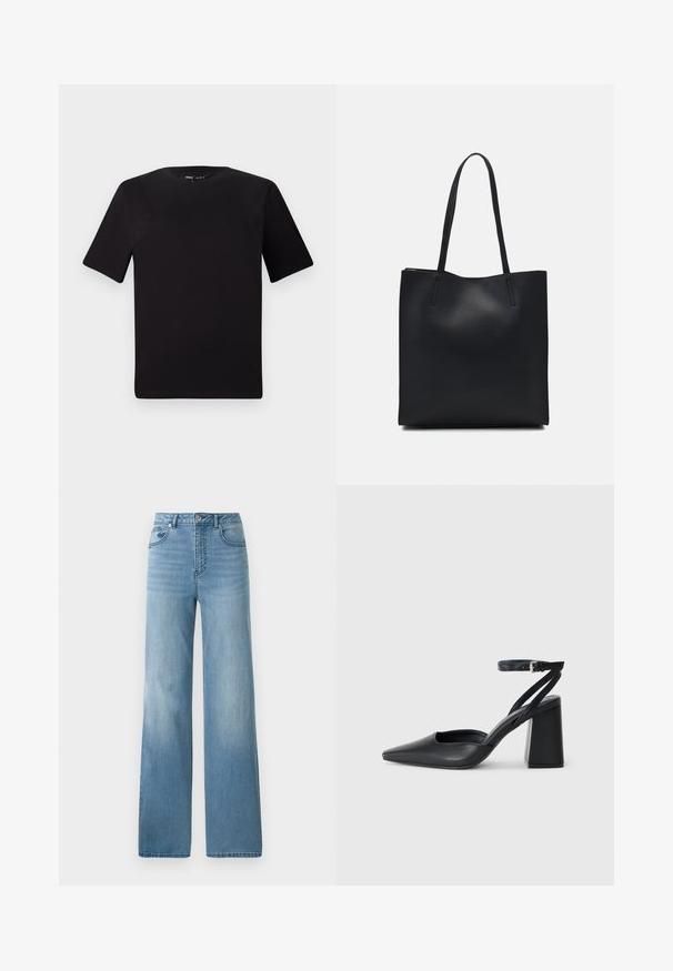 Svart t-skjorte med korte ermer og rund hals, laget av mykt bomullsstoff. Enkelt design, ingen synlige logoer eller mønstre.; Lys blå høy midje jeans med rett ben design. Laget av denim, med fem lommer og knappestenging.; Svart lær pumps med spiss tå, ankelrem og kraftig hæl. Flat tekstur, strømlinjeformet design og minimalisme.; Svart lær tote bag med glatt tekstur, rektangulær form og to lange håndtak. Ingen synlige deler eller dekorasjoner.