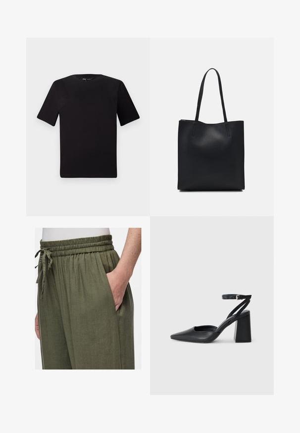 Czarna koszulka z krótkim rękawem o okrągłym dekolcie, wykonana z miękkiej bawełny. Prosty design, bez widocznych logo ani wzorów.; Zielono-oliwkowe, lekkie spodnie lniane z elastycznym pasem i sznurkiem. Posiadają boczną kieszeń i luźny krój.; Czarne skórzane czółenka z ostrym noskiem, z paskiem na kostce i grubym obcasem. Gładka faktura, elegancki design i minimalistyczna estetyka.; Czarna skórzana torba tote o gładkiej fakturze, prostokątnym kształcie i dwóch długich uchwytach. Brak widocznych elementów metalowych i ozdób.