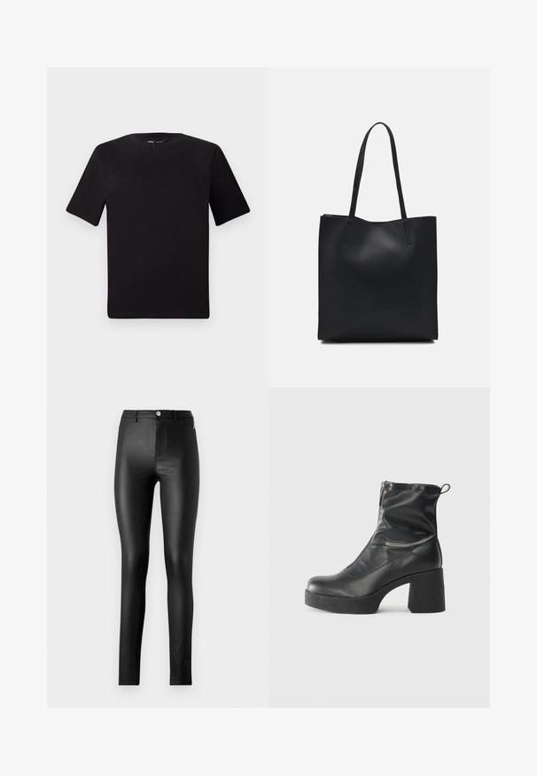 Sort kortærmet t-shirt med rund halsudskæring, lavet af blødt bomuldsstof. Enkel design, ingen synlige logoer eller mønstre.; ONLY ONLELSIE LIFE - Leggings - black; Sorte ankelstøvler lavet af glat læder, med en sidelukning, kraftig struktureret hæl og rundt tådesign.; Sort læder tote taske med glat tekstur, rektangulær form og to lange hanke. Ingen synlig hardware eller udsmykninger.