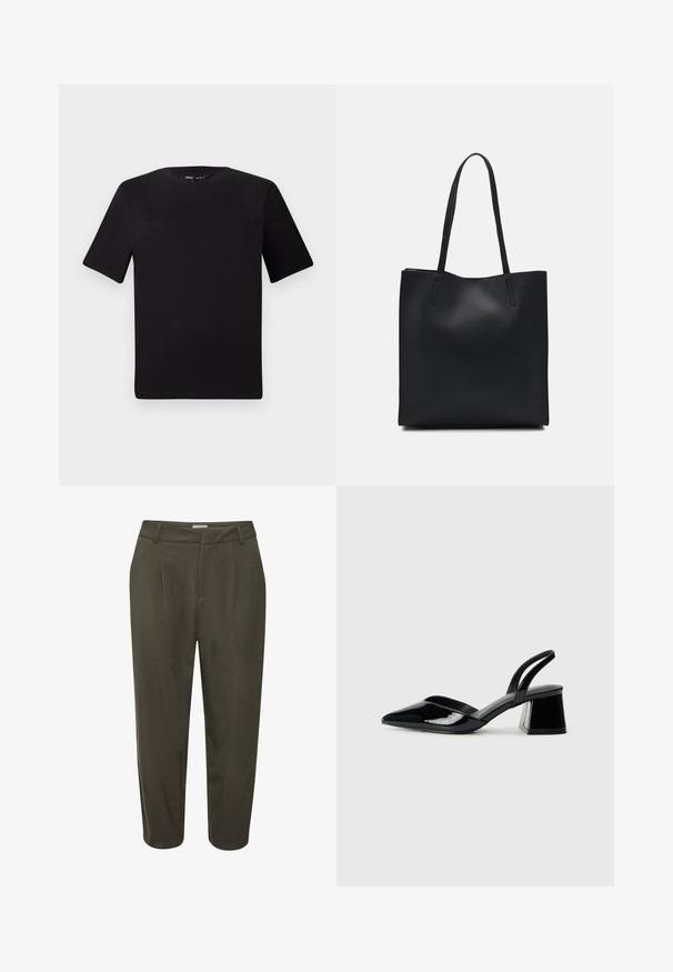 Camiseta negra de manga corta con cuello redondo, fabricada en suave algodón. Diseño simple, sin logos ni patrones visibles.; Pantalones oscuros verdes, ajustados, con pliegues, una cinturilla entallada y un largo recortado. Fabricados en una tela suave con un acabado sutilmente brillante.; Zapatos de tacón slingback de charol negro con punta afilada y tacón geométrico en bloque. Presentan un diseño elegante y minimalista, así como una textura suave.; Bolso tote de cuero negro con textura lisa, forma rectangular y dos asas largas. Sin herrajes ni adornos visibles.