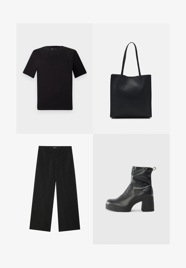 Must olema lühikeste varrukatega must t-särk ümmarguse kaelusega, valmistatud pehmest puuvillast kangast. Lihtne disain, ilma nähtavate logode või mustriteta.; Mustad laiad mustad püksid, mis on valmistatud sileda kangaga, millel on ees nuppude sulgemine ja kaks küljetaskut; puhas disain ilma nähtavate mustriteta.; Mustad mustad ansapüksid, mis on valmistatud siledast nahast, külje zipperiga, paksu tekstuuriga kontsaga ja ümmarguse nina disainiga.; Mustast nahast kott sujuva tekstuuriga, ristkülikukujuline ja kahe pika sangaga. Pole nähtavat riistvara ega kaunistusi.