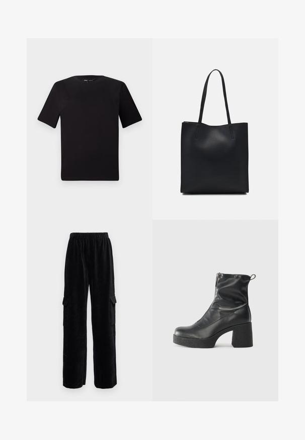 Juodas trumpas rankovės marškinėlis su apvaliu iškirpimu, pagamintas iš minkštos medvilnės medžiagos. Paprastas dizainas, be matomų logotipų ar raštų.; Juodos velveto cargo kelnės su plačiu pėdkelnių dizainu, turinčios elastingą juosmenį ir dvi šonines kišenes. Visoje kelnėse yra vertikalus raibumas.; Juodos kulkšninių botai, pagaminti iš lygaus odos, su šoniniu užtrauktuku, masyviu tekstūruotu kulnu ir apvaliu pirštu.; Juodas odinis tote krepšys su lygia tekstūra, stačiakampio formos ir dviem ilgais rankenomis. Matomų metalinių detalių ar puošybos nėra.