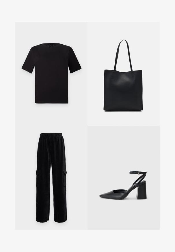 Fekete, rövid ujjú póló, kerek nyakkal, puha pamutból készült. Egyszerű dizájn, nincs látható logó vagy minta.; Fekete kordbársony cargo nadrág széles lábtervezéssel, rugalmas derékkal és két oldalsó zsebből áll. Függőleges bordázott textúra az egész felületen.; Fekete bőr, hegyes orrú magassarkú cipő boka pánttal és vastag sarokkal. Sima textúra, elegáns dizájn és minimális esztétika.; Fekete bőrtáska sima felszínnel, téglalap alakú, két hosszú füllel. Nincs látható fémkiegészítő vagy díszítés.