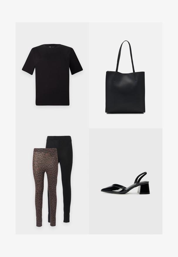 Black short-sleeve t-shirt with a round neckline, crafted from soft cotton fabric. Simple design, no visible logos or patterns.; Two pairs of leggings: one in solid black fabric, the other in brown with a black leopard print pattern, featuring elastic waistbands.; Black patent leather slingback heels with a pointed toe and a geometric block heel. Features a sleek, minimal design and smooth texture.; Black leather tote bag with smooth texture, rectangular shape, and two long handles. No visible hardware or embellishments.
