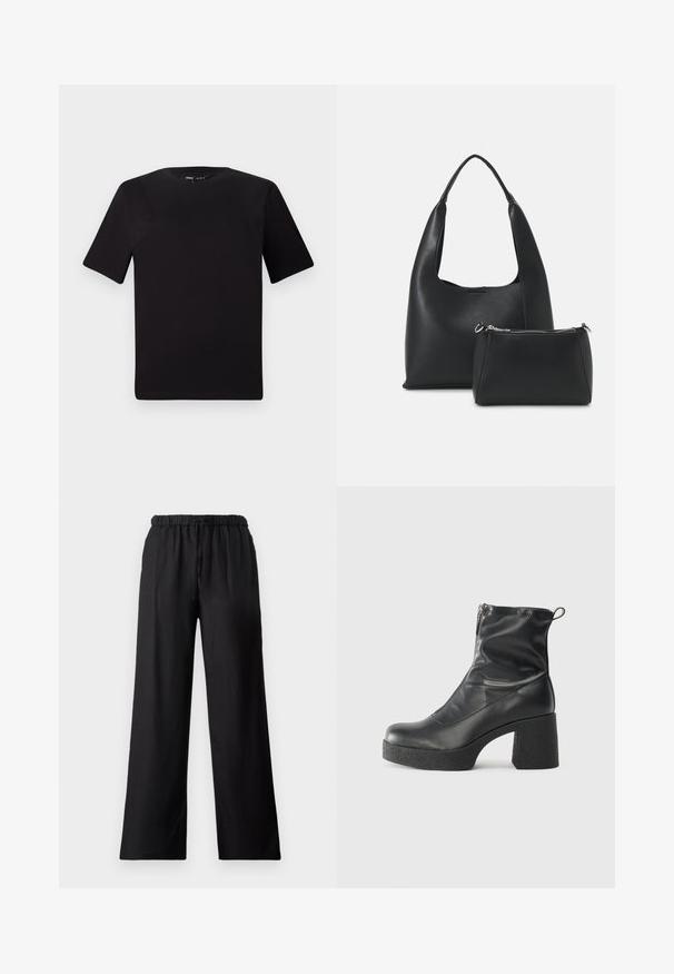 Tricou scurt negru cu mânecă scurtă și guler rotund, realizat dintr-un material de bumbac moale. Design simplu, fără logo-uri sau modele vizibile.; Pantaloni negri cu picioare largi, dintr-un material ușor, având o talie elastică cu șnur și o textură netedă.; Bocanci negri de glezna din piele netedă, cu fermoar lateral, toc texturat și masiv, și design cu vârf rotund.; Even&Odd Geantă de mână - black