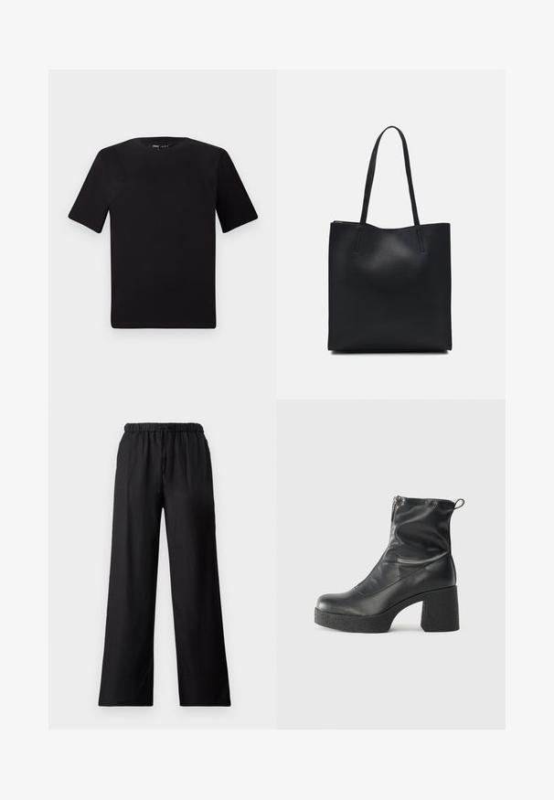 Musta lyhythihainen t-paita pyöreällä kaula-aukolla, valmistettu pehmeästä puuvillakankaasta. Yksinkertainen malli, ei näkyviä logoja tai kuvioita.; Mustat leveälahkeiset housut, jotka on valmistettu kevyestä kankaasta. Housuissa on elastinen vyötärö, jossa on naru, sekä sileä rakenne.; Mustat nilkkurit, jotka on valmistettu sileästä nahasta. Niissä on sivuvetoketju, paksu teksturoitu korko ja pyöristetty kärki.; Mustapahkainen kangaskassi, jossa on sileä pinta, suorakaiteen muotoinen ja kaksi pitkää kahvaa. Ei näkyvää metalliosaa tai koristeita.