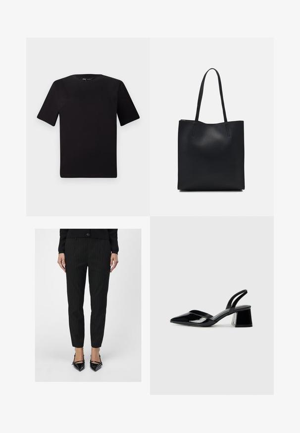 Melnas īsām piedurknēm T-krekls ar apaļu kakla izgriezumu, izgatavots no mīksta kokvilnas auduma. Vienkāršs dizains, bez redzamām logo vai rakstiem.; Melnās svītrainās bikses ir ar pielāgotu piegriezumu un gludu struktūru. Kā piedeva spīdīgas melnas kurpes ar asu purngalu, demonstrējot elegantas līnijas.; Melna lakota āda ar atvērto papēdi, ar smailu purngalu un ģeometrisku blokpapēdi. Iezīmējas elegants, minimāls dizains un gluda tekstūra.; Melnas ādas somiņa ar gludu tekstūru, taisnstūra formu un divām garām rokturiem. Nav redzamu aparatūras vai rotājumu.