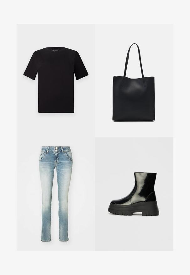 Must olema lühikeste varrukatega must t-särk ümmarguse kaelusega, valmistatud pehmest puuvillast kangast. Lihtne disain, ilma nähtavate logode või mustriteta.; Heledad sinised denimpüksid, kulunud viimistlusega, sirge jala kujundusega, kahe esipocketiga ja kahe nööbiga kinnitamine vööl.; Must mustakate läikiv ankle boot paksu lõkkeka üle ja ümarate varvastega, külgvaates halli ühtlase taustal.; Mustast nahast kott sujuva tekstuuriga, ristkülikukujuline ja kahe pika sangaga. Pole nähtavat riistvara ega kaunistusi.