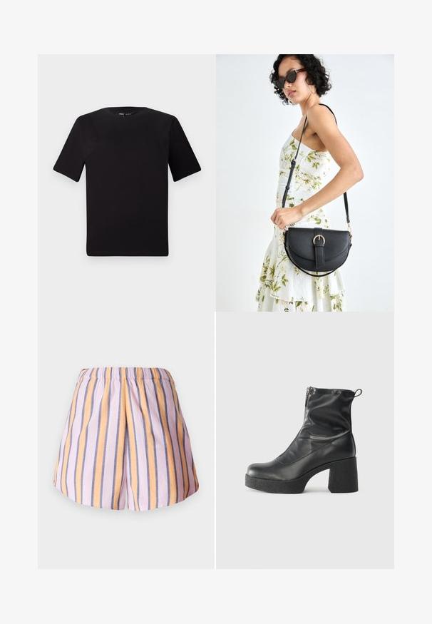 Juodas trumpas rankovės marškinėlis su apvaliu iškirpimu, pagamintas iš minkštos medvilnės medžiagos. Paprastas dizainas, be matomų logotipų ar raštų.; Dryžuoti šortai su rožinėmis, oranžinėmis ir mėlynomis vertikaliomis juostelėmis, elastinga juosmens juosta ir minkšta medžiagos tekstūra.; Juodos kulkšninių botai, pagaminti iš lygaus odos, su šoniniu užtrauktuku, masyviu tekstūruotu kulnu ir apvaliu pirštu.; Juodas odinis krepšys su išlenkta forma, nuimamu dirželiu ir auksiniais detalėmis. Krepšys turi kilpą su sagtimi.