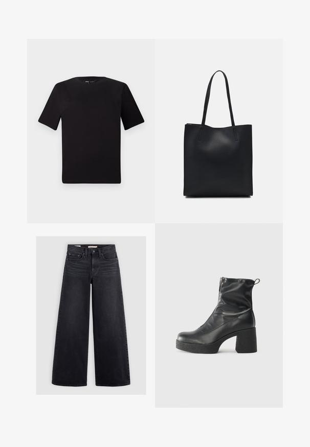 T-shirt preta de mangas curtas com decote redondo, feita de tecido de algodão suave. Design simples, sem logótipos ou padrões visíveis.; Jeans pretos de perna larga feitos de denim, com cintura alta, design de cinco bolsos e um leve desbotamento na parte da frente.; Botas de tornozelo pretas feitas de couro liso, com fecho lateral, salto grosso texturizado e design de bico arredondado.; Bolsa tote preta em couro com textura lisa, forma retangular e duas alças longas. Sem hardware ou enfeites visíveis.