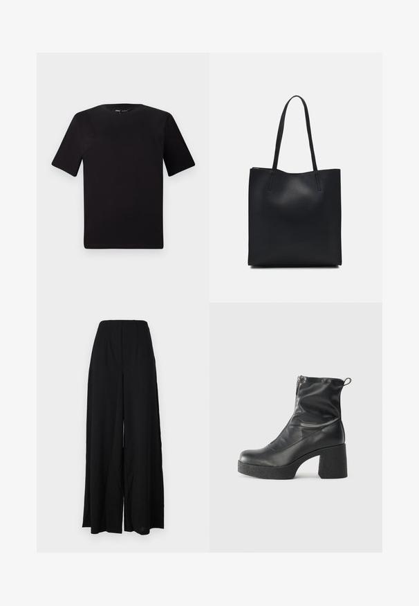 Fekete, rövid ujjú póló, kerek nyakkal, puha pamutból készült. Egyszerű dizájn, nincs látható logó vagy minta.; Fekete, bő szárú nadrág, textúrált anyagból, magas derékkal, plisszírozott részletekkel és letisztult élekkel a karcsú sziluett érdekében.; Fekete bokacsizmák sima bőrből, oldalsó cipzárral, vastag, texturált sarkú és lekerekített orrú dizájnnal.; Fekete bőrtáska sima felszínnel, téglalap alakú, két hosszú füllel. Nincs látható fémkiegészítő vagy díszítés.