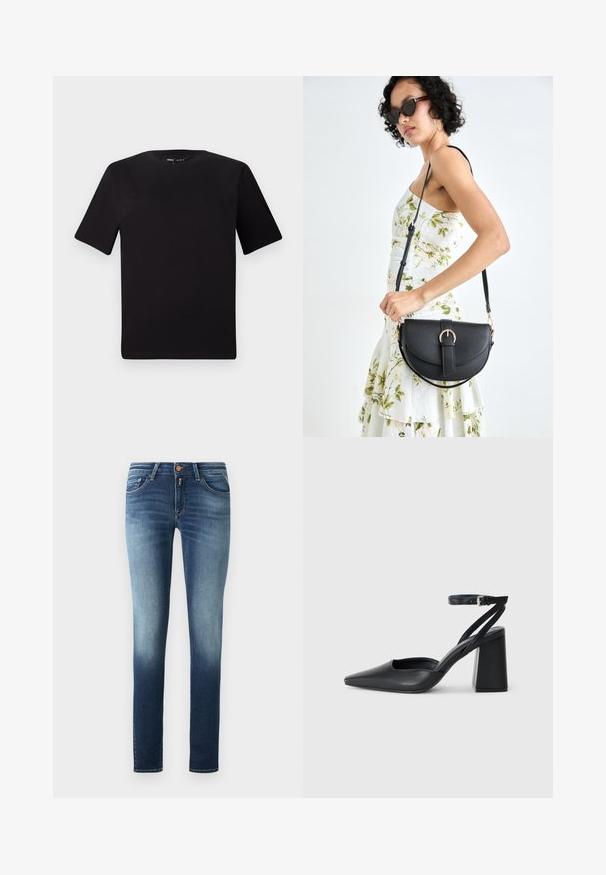 Fekete, rövid ujjú póló, kerek nyakkal, puha pamutból készült. Egyszerű dizájn, nincs látható logó vagy minta.; Skinny farmer nadrág, amely denim anyagból készült, sötétből világos kék árnyalatú gradienssel. Öt zsebes dizájn cipzárral és fém gombbal. Sima textúra.; Fekete bőr, hegyes orrú magassarkú cipő boka pánttal és vastag sarokkal. Sima textúra, elegáns dizájn és minimális esztétika.; Fekete bőrtáska ívelt formával, levehető pánttal és arany színű fémrészekkel. A táskán egy csattal díszített fedél található.