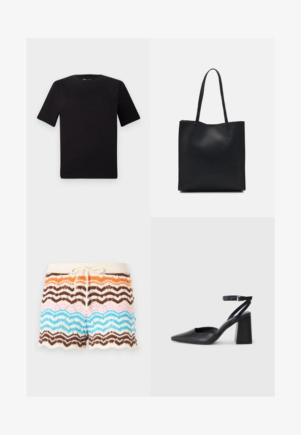 Black short-sleeve t-shirt with a round neckline, crafted from soft cotton fabric. Simple design, no visible logos or patterns.; Knit shorts featuring a wave pattern in shades of orange, brown, pink, and blue, with a cream waistband and a drawstring. Scalloped hem.; Black leather pointy-toe pump with an ankle strap and a chunky heel. Flat texture, sleek design, and minimalistic aesthetics.; Black leather tote bag with smooth texture, rectangular shape, and two long handles. No visible hardware or embellishments.