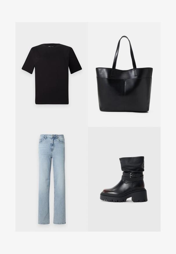 Melnas īsām piedurknēm T-krekls ar apaļu kakla izgriezumu, izgatavots no mīksta kokvilnas auduma. Vienkāršs dizains, bez redzamām logo vai rakstiem.; Gai zili džinsi ar taisnu kāju griezumu, klasisku piecu kabatu dizainu un pogu un rāvējslēdzēja aizdari jostasvietā.; Melnas ādas potītes zābaki ar vaļīgu augšdaļu, sprādzi, un biezu, izturīgu zoli. Iezīmē apaļu purngalu un gludu tekstūru.; Melnas ādas iepirkumu soma ar divām garām rokturām, gludu tekstūru un strukturētu formu. Iekļauj priekšējo kabatu papildu uzglabāšanai.