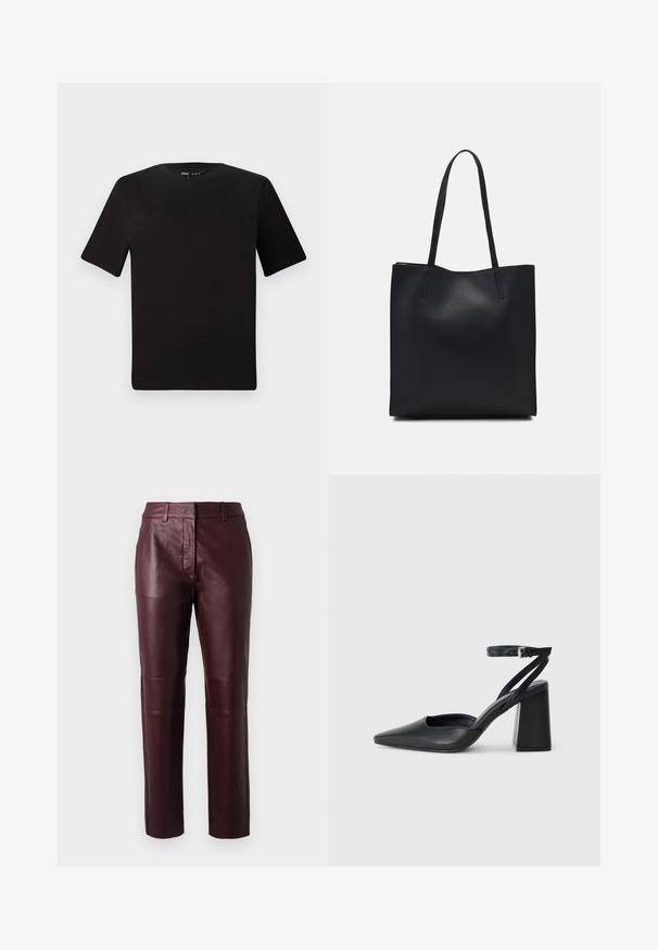 Schwarzes T-Shirt mit kurzen Ärmeln und Rundhalsausschnitt, aus weichem Baumwollmaterial gefertigt. Schlichtes Design, keine sichtbaren Logos oder Muster.; Burgunderfarbene Lederhosen mit einer taillierten Passform, subtilen Glanz und glatter Textur. Mit einem mittelhohen Bund und geradem Bein.; Schwarze Leder-Pumps mit spitzer Zehe, einem Knöchelriemen und einem blockigen Absatz. Flache Textur, elegantes Design und minimalistische Ästhetik.; Schwarze Laptoptasche aus Leder mit glatter Textur, rechteckiger Form und zwei langen Griffen. Keine sichtbaren Beschläge oder Verzierungen.