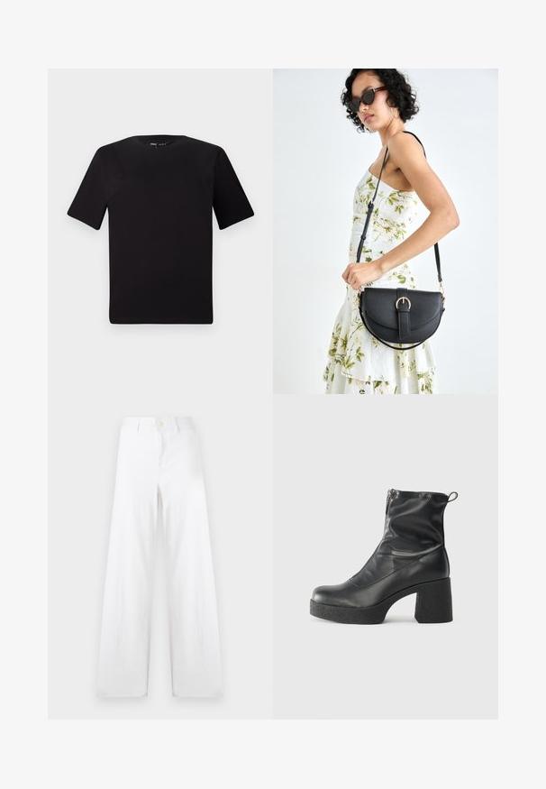 Fekete, rövid ujjú póló, kerek nyakkal, puha pamutból készült. Egyszerű dizájn, nincs látható logó vagy minta.; Fehér, bő szárú pamut nadrág, gombos záródással és letisztult vonalakkal. Az anyaga puha tapintású, sima felületű.; Fekete bokacsizmák sima bőrből, oldalsó cipzárral, vastag, texturált sarkú és lekerekített orrú dizájnnal.; Fekete bőrtáska ívelt formával, levehető pánttal és arany színű fémrészekkel. A táskán egy csattal díszített fedél található.