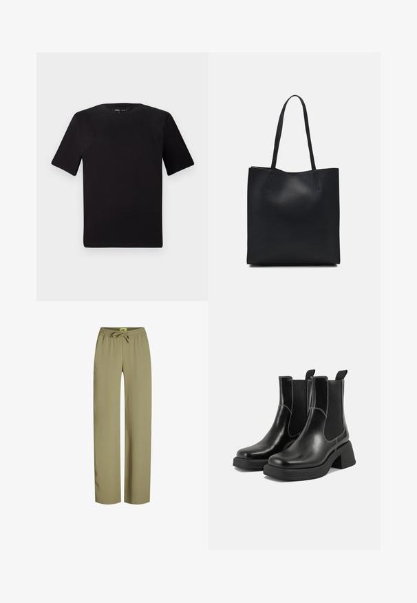 Svart t-skjorte med korte ermer og rund hals, laget av mykt bomullsstoff. Enkelt design, ingen synlige logoer eller mønstre.; Grønne, løstsittende bukser med elastisk midjebånd og justerbar snor. Laget av mykt stoff med rette ben og ingen synlige lommer.; Sorte lær Chelsea støvler med en kraftig hæl, elastiske sidepaneler og kontrasterende hvid syning. Teksturert overflate.; Svart lær tote bag med glatt tekstur, rektangulær form og to lange håndtak. Ingen synlige deler eller dekorasjoner.
