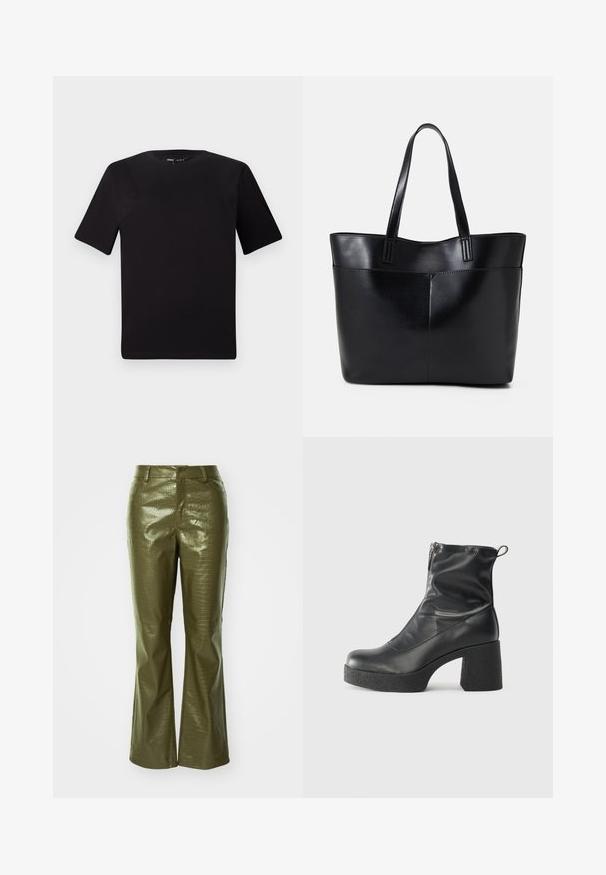 Black short-sleeve t-shirt with a round neckline, crafted from soft cotton fabric. Simple design, no visible logos or patterns.; Olive green faux leather pants with a crocodile texture, featuring a fitted waist and flared legs. The material has a glossy finish.; Black ankle boots made of smooth leather, featuring a side zipper, chunky textured heel, and rounded toe design.; Black leather tote bag with two long handles, a smooth texture, and a structured shape. Features a front pocket for additional storage.