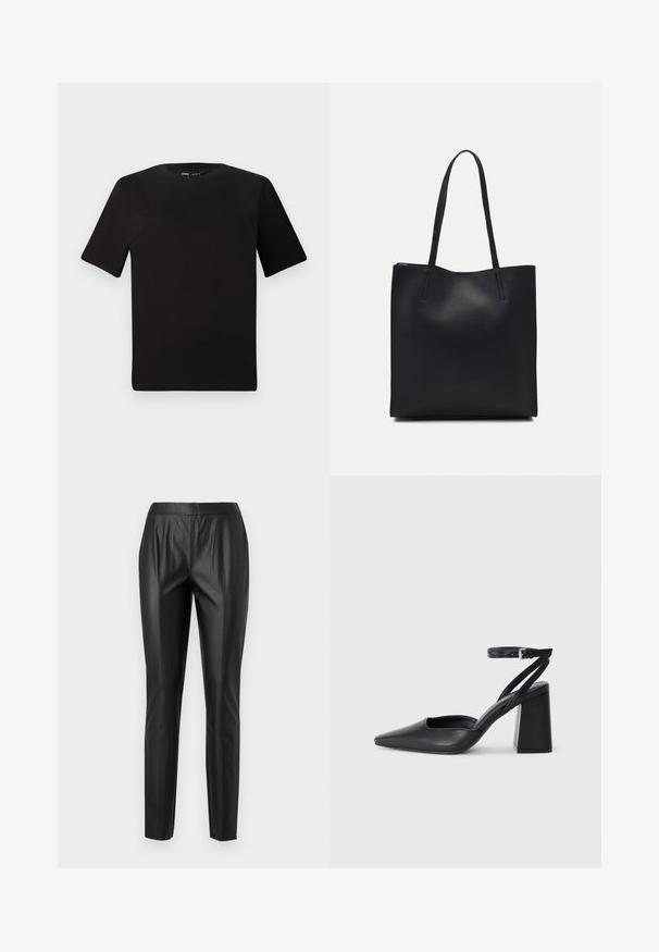 Čierne tričko s krátkym rukávom a okrúhlym výstrihom, vyrobené z mäkkej bavlny. Jednoduchý dizajn, bez viditeľných log alebo vzorov.; Čierne nohavice z faux kože so slim fit strihom, obsahujúce vysoký pás, predné záhyby a hladkú textúru. Žiadne viditeľné kovanie ani vzory.; Čierne kožené lodičky s špicatou špičkou a členkovým remienkom, s masívnym podpätkom. Hladký povrch, elegantný dizajn a minimalistická estetika.; Čierna kožená taška na rameno s hladkým povrchom, obdĺžnikovým tvarom a dvoma dlhými uchami. Bez viditeľného kovania alebo ozdôb.