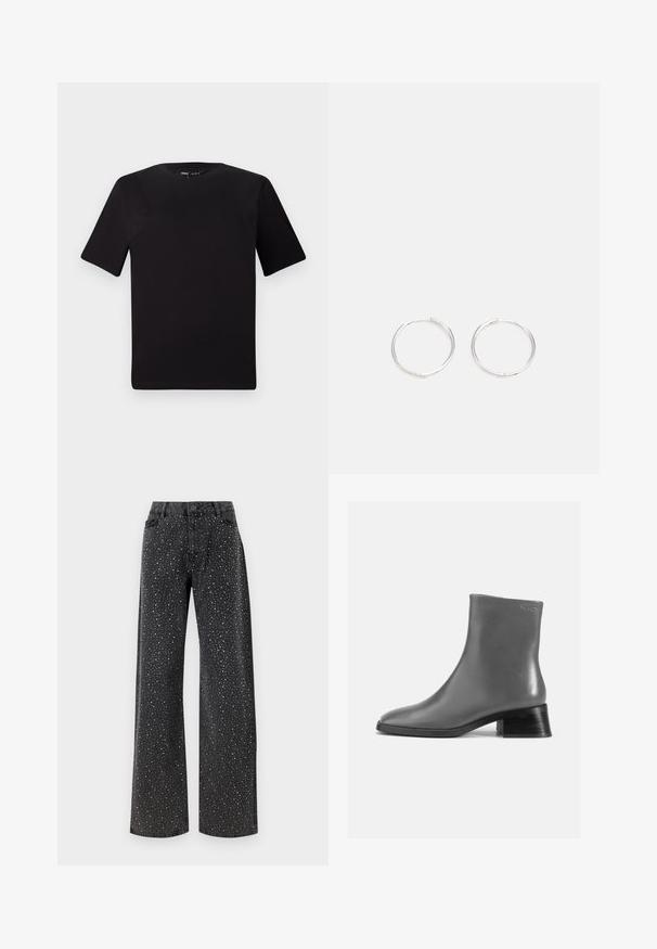 T-shirt preta de mangas curtas com decote redondo, feita de tecido de algodão suave. Design simples, sem logótipos ou padrões visíveis.; Noisy May NMJANNEL LOOSE - Calças de ganga de corte relaxado - black denim; Bota de tornozelo em couro cinza com bico arredondado e um tacão preto curto e empilhado. Textura lisa com detalhes mínimos.; Brincos de argola prateados com um design arredondado e elegante, apresentando uma superfície lisa e sem adornos visíveis. Diâmetro não especificado.