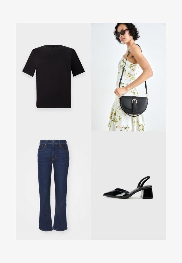 Svart t-skjorte med korte ermer og rund hals, laget av mykt bomullsstoff. Enkelt design, ingen synlige logoer eller mønstre.; Mørkeblå denim flare jeans med høy midje, fem-lomme design, kontrasterende sømmer og knappelukking. Glatt tekstur.; Svarte patentlær slingback hæler med spiss tå og geometrisk blokk hæl. Har et stilrent, minimalistisk design og jevn tekstur.; Svart lærveske med en buet form, avtagbar stropp og gullbeslag. Vesken har et klaff med spenne-detall.