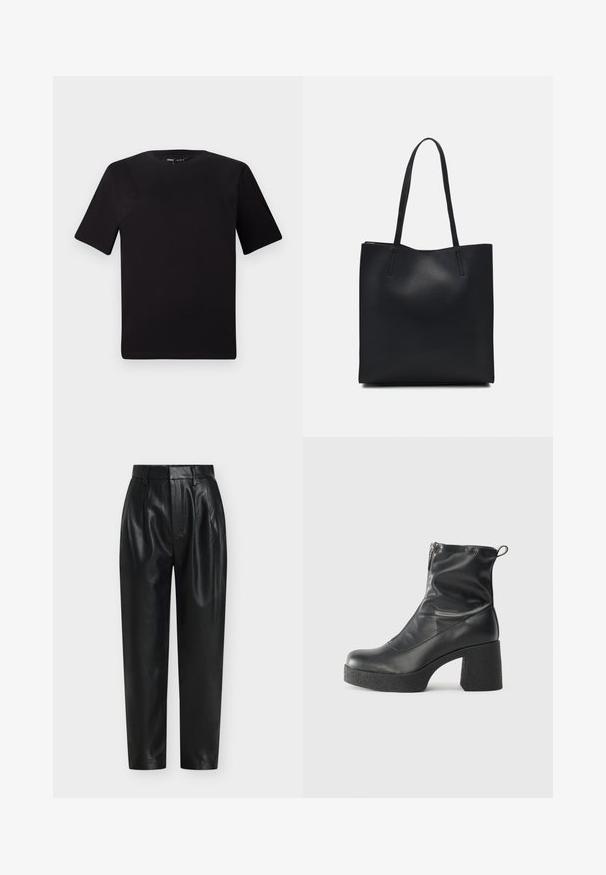 Schwarzes T-Shirt mit kurzen Ärmeln und Rundhalsausschnitt, aus weichem Baumwollmaterial gefertigt. Schlichtes Design, keine sichtbaren Logos oder Muster.; Schwarze Lederhose mit hoher Taille, Falten vorne, konischem Bein und glatter, glänzender Oberfläche. Keine sichtbaren Taschen oder Verzierungen.; Schwarze Stiefeletten aus glattem Leder mit seitlichem Reißverschluss, klobigem strukturiertem Absatz und runder Zehenform.; Schwarze Laptoptasche aus Leder mit glatter Textur, rechteckiger Form und zwei langen Griffen. Keine sichtbaren Beschläge oder Verzierungen.