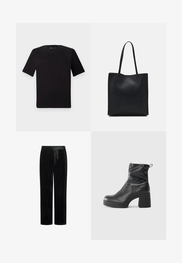Crna majica kratkih rukava s okruglim izrezom, izrađena od mekane pamučne tkanine. Jednostavan dizajn, bez vidljivih logotipa ili uzoraka.; Crne baršunaste hlače ravnog kroja, s glatkom teksturom i bez vidljivih metalnih dijelova ili ukrasa.; Crne gležnjače od glatke kože, s bočnim zatvaračem, debelim teksturiranim potplatom i dizajnom s zaobljenim prstima.; Crna kožna torba za nošenje s glatkom teksturom, pravokutnim oblikom i dvije duge ručke. Nema vidljivih metalnih dijelova ili ukrasa.