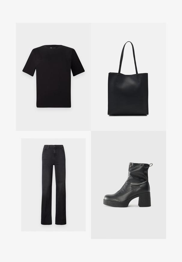 T-shirt nera a maniche corte con scollatura rotonda, realizzata in morbido cotone. Design semplice, senza loghi o motivi visibili.; Jeans in denim nero a gamba dritta con vita alta, design a cinque tasche e cuciture visibili. Texture liscia con una finitura leggermente sfumata.; Stivali neri alla caviglia in pelle liscia, con zip laterale, tacco spesso e texture, e punta arrotondata.; Borsa tote in pelle nera con texture liscia, forma rettangolare e due manici lunghi. Nessun hardware o decorazione visibile.