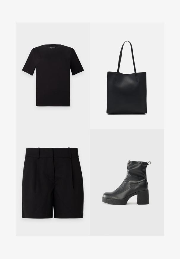 Black short-sleeve t-shirt with a round neckline, crafted from soft cotton fabric. Simple design, no visible logos or patterns.; Black tailored shorts featuring a flat front, two pleats, a waistband with belt loops, and a straight hem. Made of a smooth fabric.; Black ankle boots made of smooth leather, featuring a side zipper, chunky textured heel, and rounded toe design.; Black leather tote bag with smooth texture, rectangular shape, and two long handles. No visible hardware or embellishments.