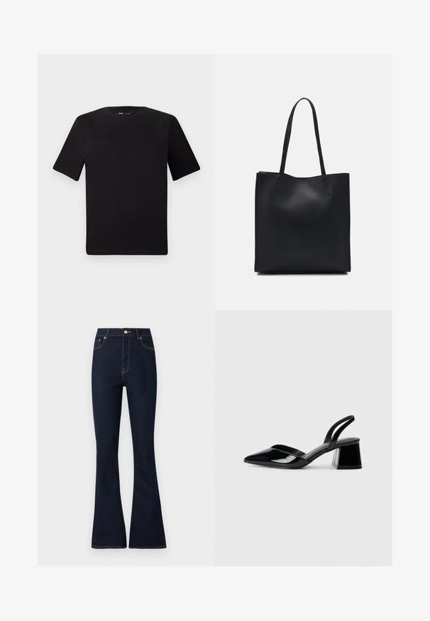 Melnas īsām piedurknēm T-krekls ar apaļu kakla izgriezumu, izgatavots no mīksta kokvilnas auduma. Vienkāršs dizains, bez redzamām logo vai rakstiem.; Tumši zili denima platākās džinsi ar augstu jostasvietu, ar zeltainām šuvēm, priekšējām kabatām un metāla pogas aizdari.; Melna lakota āda ar atvērto papēdi, ar smailu purngalu un ģeometrisku blokpapēdi. Iezīmējas elegants, minimāls dizains un gluda tekstūra.; Melnas ādas somiņa ar gludu tekstūru, taisnstūra formu un divām garām rokturiem. Nav redzamu aparatūras vai rotājumu.