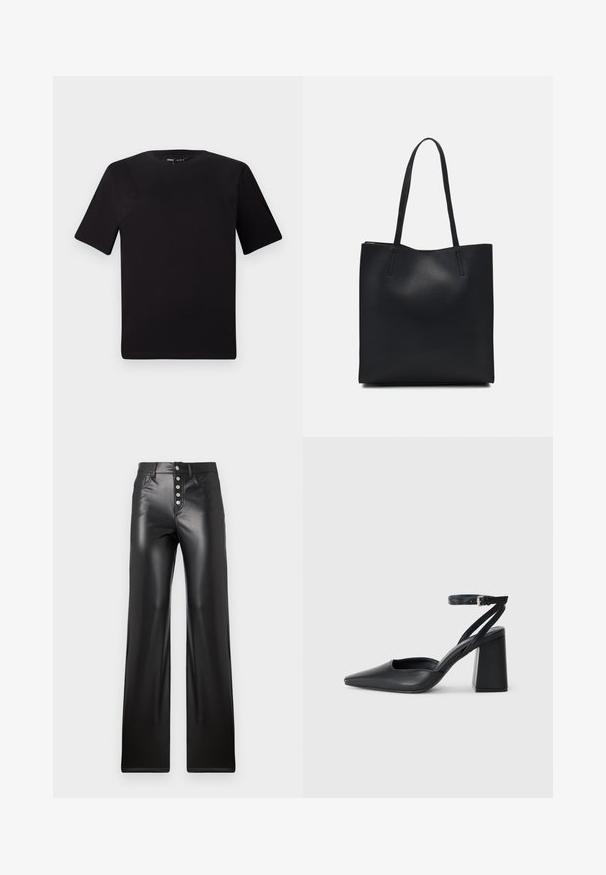 Svart t-skjorte med korte ermer og rund hals, laget av mykt bomullsstoff. Enkelt design, ingen synlige logoer eller mønstre.; ONLY ONLSMOOTH - Bukse - black; Svart lær pumps med spiss tå, ankelrem og kraftig hæl. Flat tekstur, strømlinjeformet design og minimalisme.; Svart lær tote bag med glatt tekstur, rektangulær form og to lange håndtak. Ingen synlige deler eller dekorasjoner.