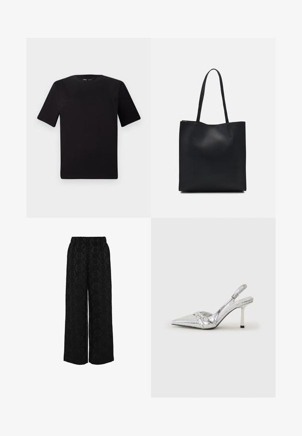 Svart t-skjorte med korte ermer og rund hals, laget av mykt bomullsstoff. Enkelt design, ingen synlige logoer eller mønstre.; Svarte vid bukser med en teksturert mønster av blomster og svevende design, elastisk midjebånd og løs passform.; Sølv slingback høyhelte sko med spiss tå, metallisk finish, to dekorative stropper, og en slank hæl med svart tupp.; Svart lær tote bag med glatt tekstur, rektangulær form og to lange håndtak. Ingen synlige deler eller dekorasjoner.