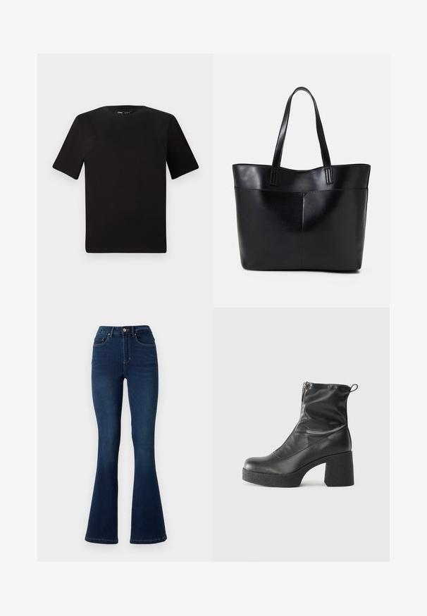 Črna majica s kratkimi rokavi in okroglim izrezom, izdelana iz mehkega bombažnega materiala. Preprost dizajn, brez vidnih logotipov ali vzorcev.; Temno modri flared kavbojke z visokim pasom, ki imajo pet žepov, zanke za pas in subtilne šivane podrobnosti na šivih.; Črne gležnjarje iz gladke kože z božnim zadrgo, masivnim teksturiranim peto in zaobljeno obliko prstov.; Črna usnjena torba z dvema dolgima ročajema, gladko teksturo in strukturirano obliko. Ima sprednji žep za dodatno shranjevanje.