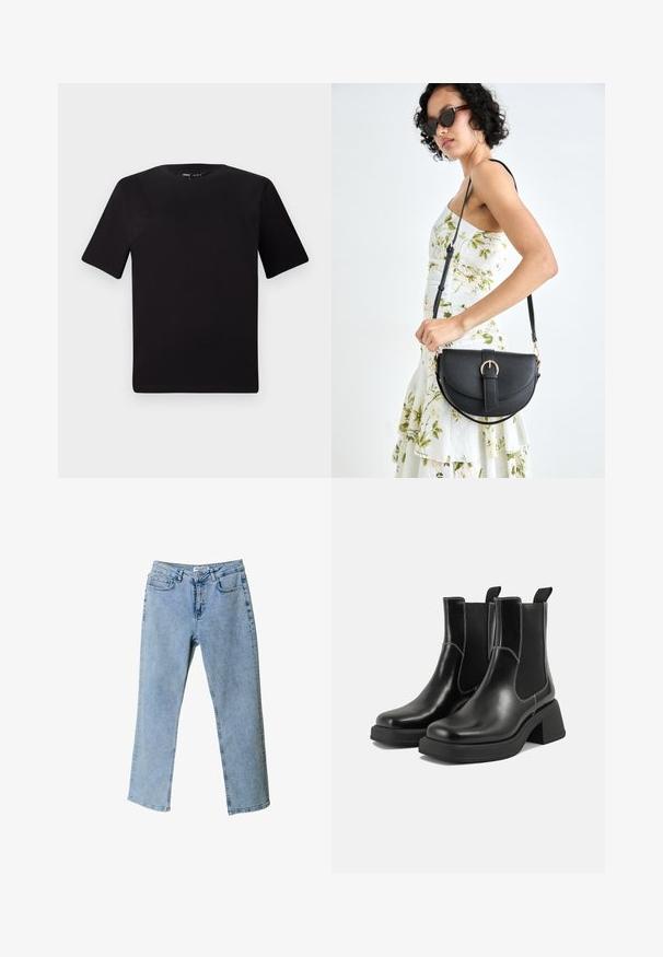 Črna majica s kratkimi rokavi in okroglim izrezom, izdelana iz mehkega bombažnega materiala. Preprost dizajn, brez vidnih logotipov ali vzorcev.; Svjetloplave traperice s ravnim nogavicama, pet džepova i oznakom na pojasu. Imaju izbledele dijelove za teksturu.; Črne usnjene Chelsea škornje s širokim petami, elastičnimi stranskimi ploščami in kontrastnim belim šivanjem. Teksturirana površina.; Črna usnjena torbica s ukrivljeno obliko, z odstranljivo naramnico in zlatimi dodatki. Torbica ima pokrov s podrobnostmi v obliki zaponke.