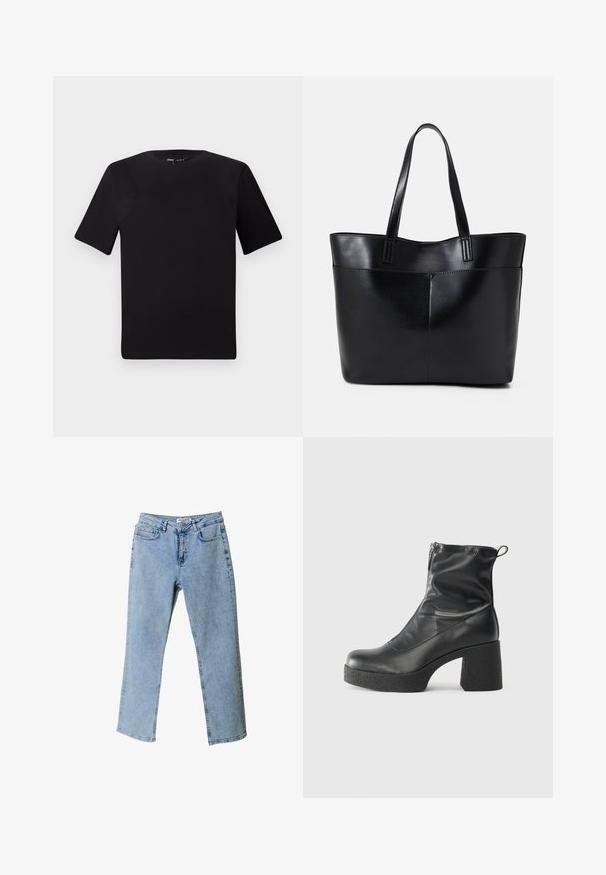 Črna majica s kratkimi rokavi in okroglim izrezom, izdelana iz mehkega bombažnega materiala. Preprost dizajn, brez vidnih logotipov ali vzorcev.; Svjetloplave traperice s ravnim nogavicama, pet džepova i oznakom na pojasu. Imaju izbledele dijelove za teksturu.; Črne gležnjarje iz gladke kože z božnim zadrgo, masivnim teksturiranim peto in zaobljeno obliko prstov.; Črna usnjena torba z dvema dolgima ročajema, gladko teksturo in strukturirano obliko. Ima sprednji žep za dodatno shranjevanje.