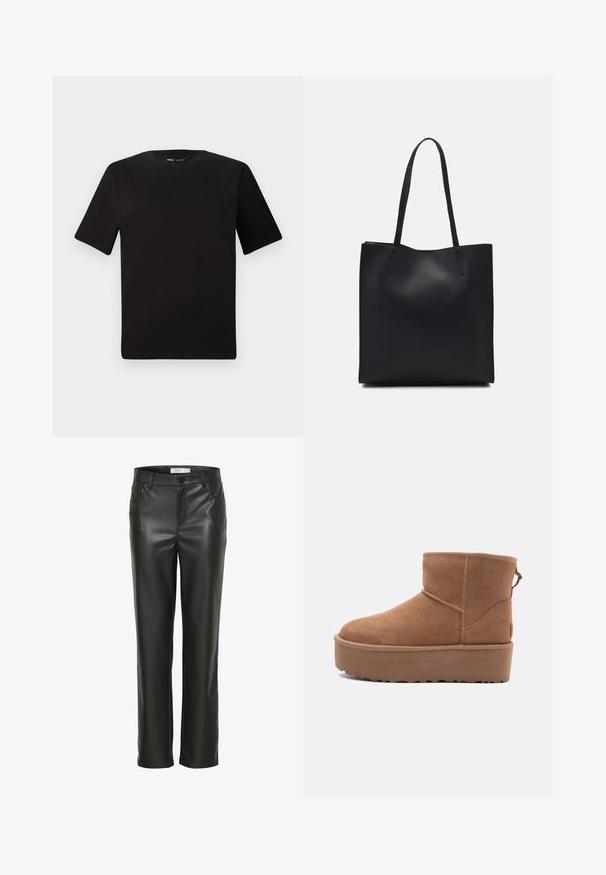 Musta lyhythihainen t-paita pyöreällä kaula-aukolla, valmistettu pehmeästä puuvillakankaasta. Yksinkertainen malli, ei näkyviä logoja tai kuvioita.; Musta nahkahousut suoralla lahkeella, joissa on etutaskut ja napitus. Silkkinen pinta, joka on tyylikäs ulkonäöltään.; Tan suede nilonini kidogo chukua na sahani ya jukwaa, mguu wenye umbo la duara, na mapambo ya kushona; inajumuisha kipande cha kubana nyuma kwa kuvaa kwa urahisi.; Mustapahkainen kangaskassi, jossa on sileä pinta, suorakaiteen muotoinen ja kaksi pitkää kahvaa. Ei näkyvää metalliosaa tai koristeita.