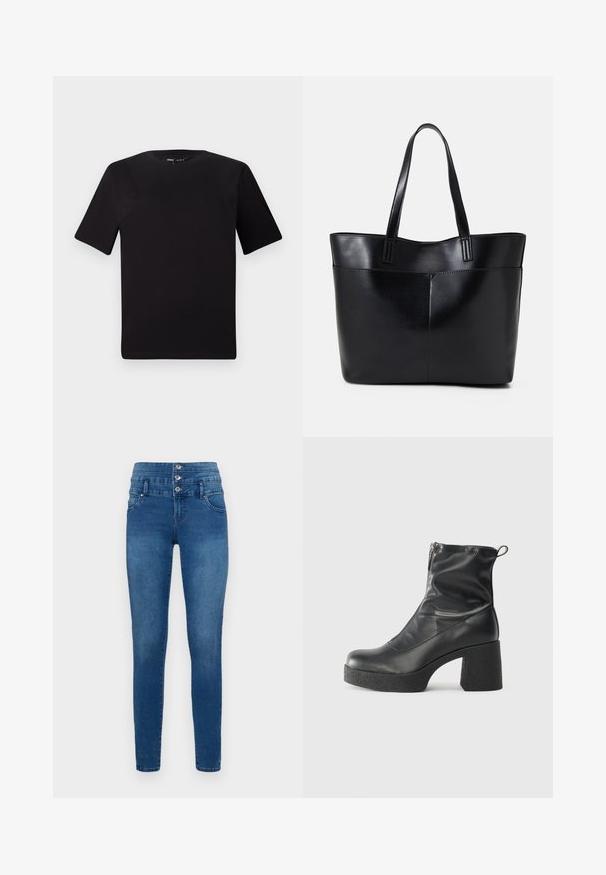 T-shirt preta de mangas curtas com decote redondo, feita de tecido de algodão suave. Design simples, sem logótipos ou padrões visíveis.; Calças skinny em denim azul, com uma cintura alta e três fechos de botão, bolsos frontais e uma textura suave.; Botas de tornozelo pretas feitas de couro liso, com fecho lateral, salto grosso texturizado e design de bico arredondado.; Bolsa tote preta em couro com duas alças longas, textura suave e forma estruturada. Apresenta um bolso frontal para armazenamento adicional.