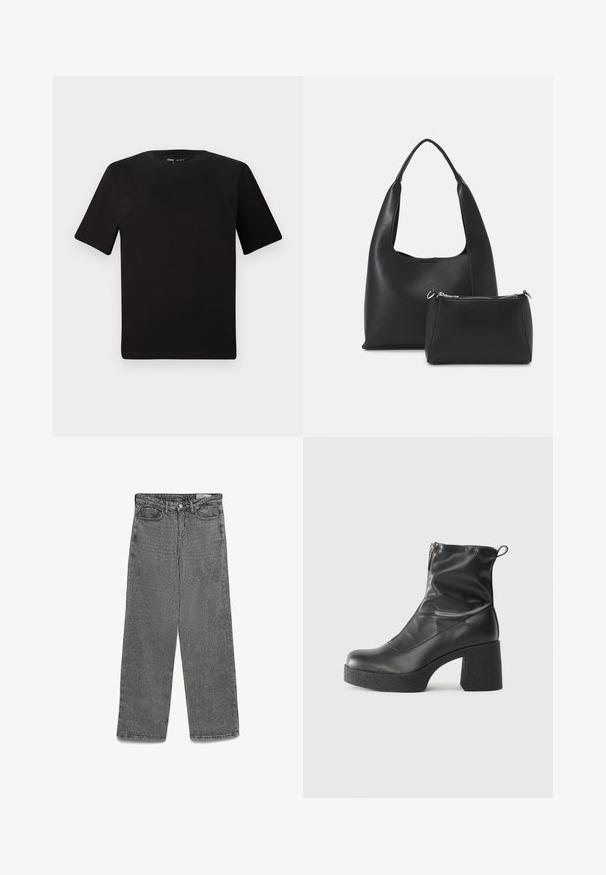 Juodas trumpas rankovės marškinėlis su apvaliu iškirpimu, pagamintas iš minkštos medvilnės medžiagos. Paprastas dizainas, be matomų logotipų ar raštų.; Aukštos liemens pilkos džinsinės kelnės su tiesiu kojų kirpimu, su mygtuku ir užtrauktuku, diržo kilpomis, priekinėmis ir užpakalinėmis kišenėmis.; Juodos kulkšninių botai, pagaminti iš lygaus odos, su šoniniu užtrauktuku, masyviu tekstūruotu kulnu ir apvaliu pirštu.; Even&Odd Rankinė - black