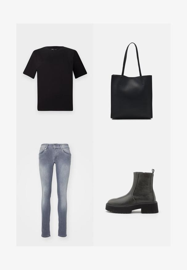 Črna majica s kratkimi rokavi in okroglim izrezom, izdelana iz mehkega bombažnega materiala. Preprost dizajn, brez vidnih logotipov ali vzorcev.; Tanke kavbojke v srednji sivi barvi, narejene iz denima. Imajo pet žepov, pasne zanke in izbleden učinek proti stegni in kolenom.; Črne gležnjarje s gladkim sintetičnim zgornjim delom, elastičnimi stranskimi paneli, zanka za poteg in debelim gumijastim podplatom.; Črna usnjena torba s svilnato teksturo, pravokotne oblike in dvema dolgima ročajema. Brez vidnih metalnih delov ali okrasnih elementov.