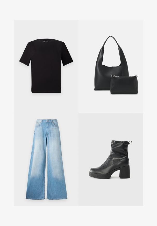 Camiseta negra de manga corta con cuello redondo, fabricada en suave algodón. Diseño simple, sin logos ni patrones visibles.; Jeans de pierna ancha en azul claro con un lavado desgastado, que cuentan con un cierre de botón, presillas para cinturón y un diseño clásico de cinco bolsillos.; Botines negros de tobillo, hechos de cuero suave, con cierre lateral, tacón grueso texturizado y diseño de punta redondeada.; Even&Odd Bolso de mano - black