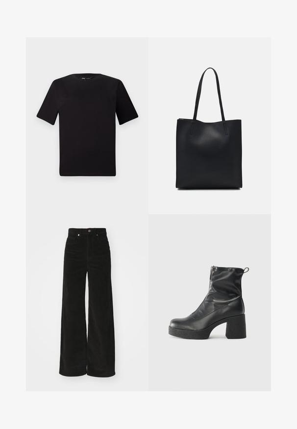 Črna majica s kratkimi rokavi in okroglim izrezom, izdelana iz mehkega bombažnega materiala. Preprost dizajn, brez vidnih logotipov ali vzorcev.; Črne široke žametne hlače z visokim pasom, ki imajo dva sprednja žepa in kovinski gumb za zapiranje. Teksturovana tkanina z navpičnimi rebrinami.; Črne gležnjarje iz gladke kože z božnim zadrgo, masivnim teksturiranim peto in zaobljeno obliko prstov.; Črna usnjena torba s svilnato teksturo, pravokotne oblike in dvema dolgima ročajema. Brez vidnih metalnih delov ali okrasnih elementov.