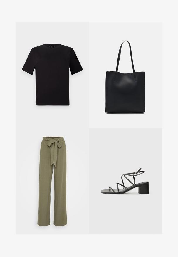 Sort kortærmet t-shirt med rund halsudskæring, lavet af blødt bomuldsstof. Enkel design, ingen synlige logoer eller mønstre.; Olivedrabe brede bukser med bælte i taljen, lavet af et tekstureret stof, der har en glat overflade og en skræddersyet pasform.; Sorte remsandaler med firkantet tå og kraftig hæl, lavet af glat materiale. Har justerbare ankelremme og minimal hardware.; Sort læder tote taske med glat tekstur, rektangulær form og to lange hanke. Ingen synlig hardware eller udsmykninger.