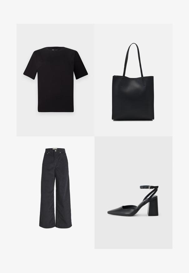 Schwarzes T-Shirt mit kurzen Ärmeln und Rundhalsausschnitt, aus weichem Baumwollmaterial gefertigt. Schlichtes Design, keine sichtbaren Logos oder Muster.; Schwarze Corduroy-Hosen mit weitem Bein, hoher Taille, vorderem Knopfverschluss und zwei seitlichen Taschen. Weiche Textur und gerades Silhouette.; Schwarze Leder-Pumps mit spitzer Zehe, einem Knöchelriemen und einem blockigen Absatz. Flache Textur, elegantes Design und minimalistische Ästhetik.; Schwarze Laptoptasche aus Leder mit glatter Textur, rechteckiger Form und zwei langen Griffen. Keine sichtbaren Beschläge oder Verzierungen.