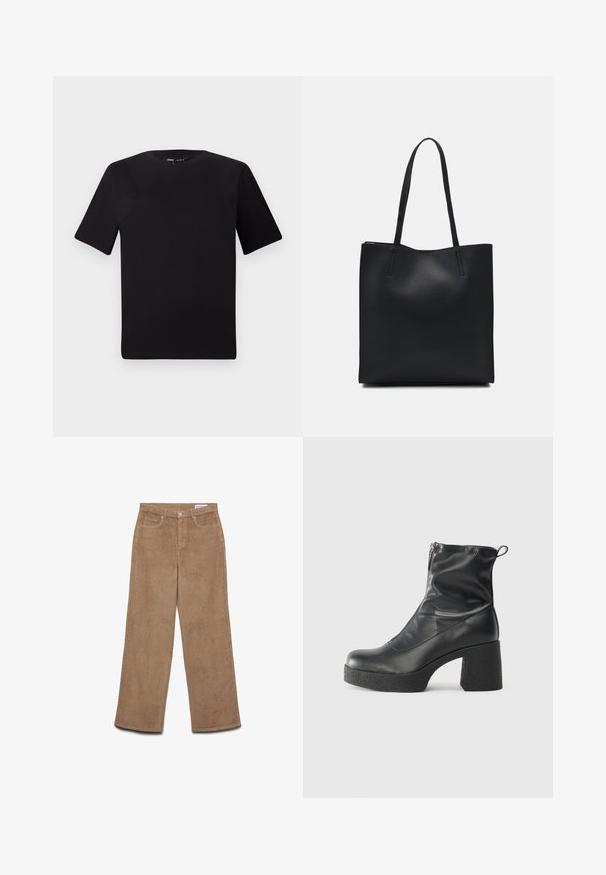 Must olema lühikeste varrukatega must t-särk ümmarguse kaelusega, valmistatud pehmest puuvillast kangast. Lihtne disain, ilma nähtavate logode või mustriteta.; Laiad säärega triibulised püksid pruunis värvitoonis. Iseloomustab tekstuurse kangaga materjal, viis taskut ja nööpidega kinnis. Otse lõikega puusast alumise ääreni.; Mustad mustad ansapüksid, mis on valmistatud siledast nahast, külje zipperiga, paksu tekstuuriga kontsaga ja ümmarguse nina disainiga.; Mustast nahast kott sujuva tekstuuriga, ristkülikukujuline ja kahe pika sangaga. Pole nähtavat riistvara ega kaunistusi.