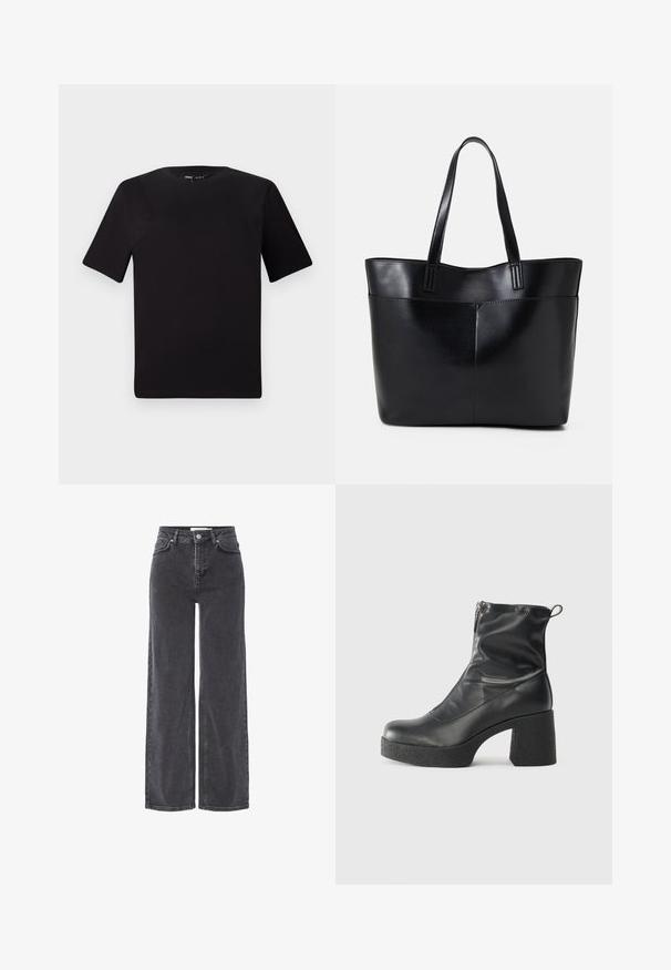 Μαύρο κοντομάνικο μπλουζάκι με στρογγυλή λαιμόκοψη, κατασκευασμένο από απαλό βαμβακερό ύφασμα. Απλός σχεδιασμός, χωρίς ορατά λογότυπα ή μοτίβα.; Μαύρα, τζιν παντελόνια με ψηλή μέση και φαρδιές μπουτίκ, με κλείσιμο με κουμπί, θηλιές ζώνης και διακριτική φθορά κατά μήκος του υφάσματος.; Μαύρες μποτές μέχρι τον αστράγαλο από λείο δέρμα, με πλευρικό φερμουάρ, χοντρό υφασμάτινο τακούνι και στρογγυλή μύτη.; Μαύρη δερμάτινη τσάντα tote με δύο μακριούς ιμάντες, λεία υφή και δομημένο σχήμα. Διαθέτει μπροστινή τσέπη για επιπλέον αποθήκευση.