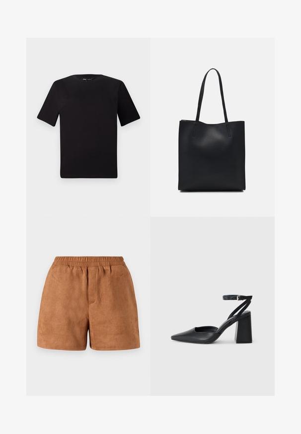 Schwarzes T-Shirt mit kurzen Ärmeln und Rundhalsausschnitt, aus weichem Baumwollmaterial gefertigt. Schlichtes Design, keine sichtbaren Logos oder Muster.; Braune Wildledershorts mit elastischem Bund, die eine lockere Passform und eine glatte Textur bieten. Einfaches Design, geeignet für legere Kleidung.; Schwarze Leder-Pumps mit spitzer Zehe, einem Knöchelriemen und einem blockigen Absatz. Flache Textur, elegantes Design und minimalistische Ästhetik.; Schwarze Laptoptasche aus Leder mit glatter Textur, rechteckiger Form und zwei langen Griffen. Keine sichtbaren Beschläge oder Verzierungen.