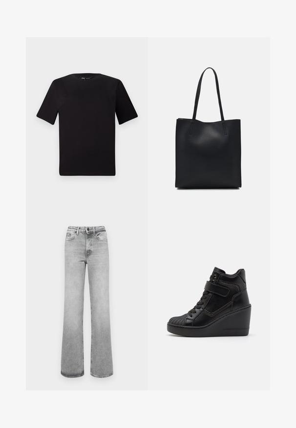 Črna majica s kratkimi rokavi in okroglim izrezom, izdelana iz mehkega bombažnega materiala. Preprost dizajn, brez vidnih logotipov ali vzorcev.; Svetlo sivi izbledele traperice ravnega kroja z sprednjimi žepi, zankami za pas ter z gumbom in zadrgo.; Črne visoke wedge superge, izdelane iz gladkega usnja, z vezi na sprednji strani, nastavljivim trakom in okrasnimi zadrgami.; Črna usnjena torba s svilnato teksturo, pravokotne oblike in dvema dolgima ročajema. Brez vidnih metalnih delov ali okrasnih elementov.
