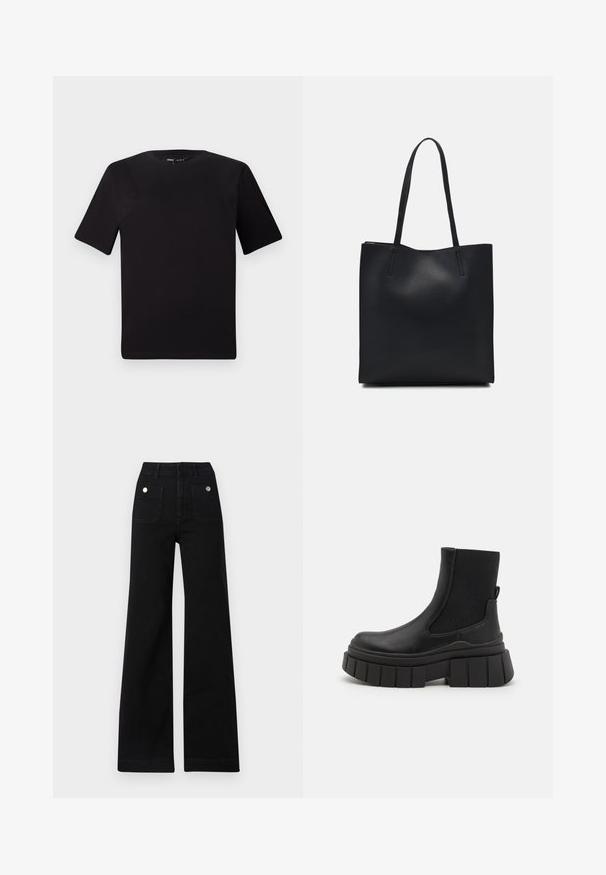 Crna majica kratkih rukava s okruglim izrezom, izrađena od mekane pamučne tkanine. Jednostavan dizajn, bez vidljivih logotipa ili uzoraka.; Crne široke traperice s visokim strukom. Sadrže dva stražnja džepa s metalnim gumbima i glatku, teksturiranu tkaninu.; Crne gležnjače od glatke kože s elastičnim bočnim panelima, debelim platformom i teksturiranim uzorkom potplata.; Crna kožna torba za nošenje s glatkom teksturom, pravokutnim oblikom i dvije duge ručke. Nema vidljivih metalnih dijelova ili ukrasa.